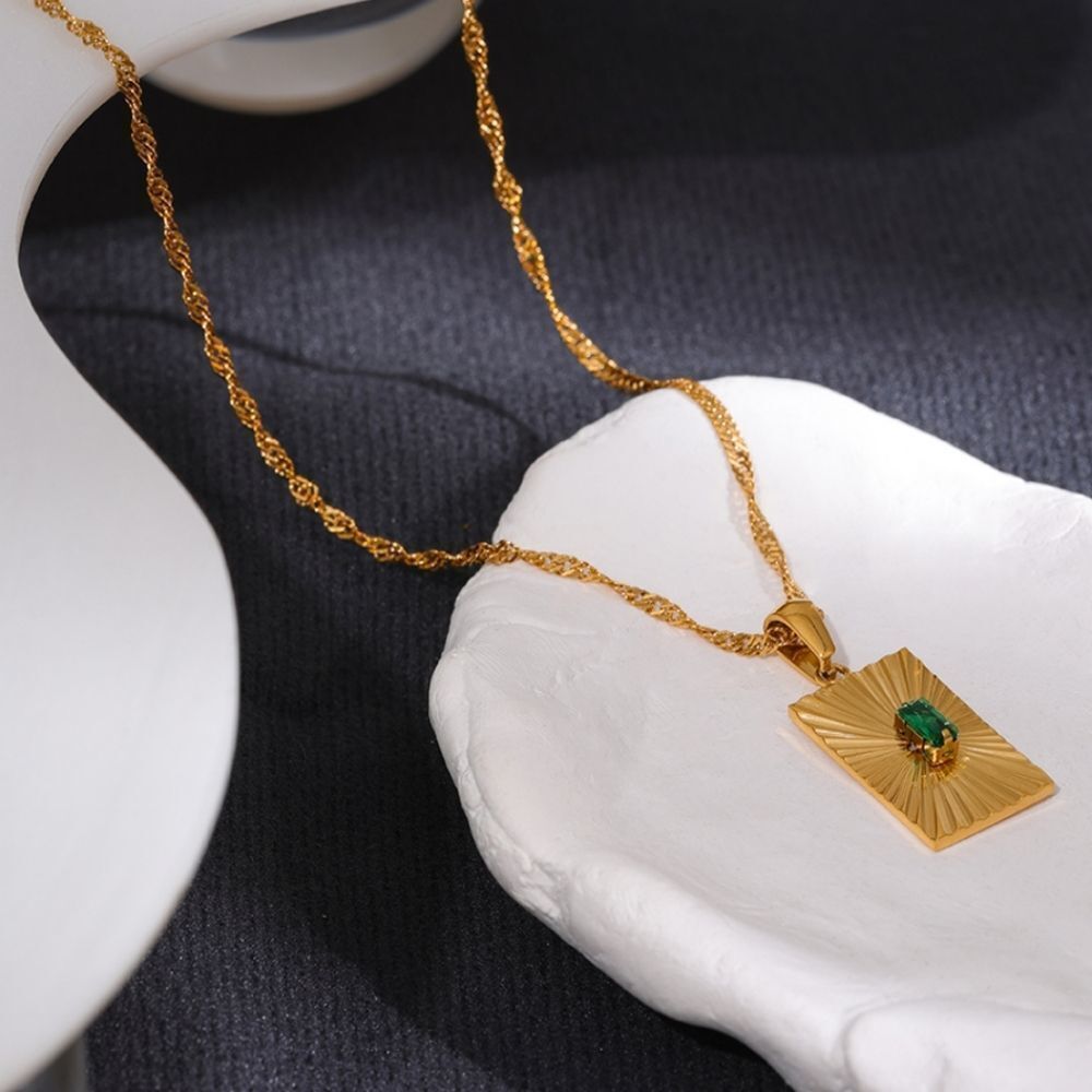 Emerald Green Cubic Zirconia 18K Gold Plated Stainless Steel Pendant Necklace - Picture 14 of 15